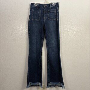 Hidden Patch Pockets Ankle Raw Hem Flare Jeans Dark Wash Chewed Hem